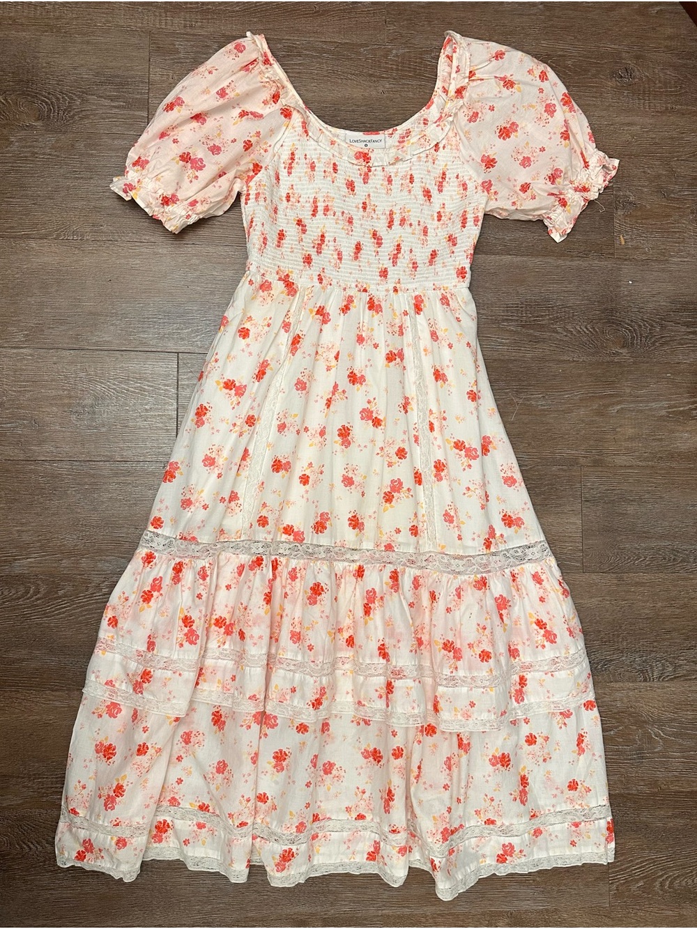 LoveShackFancy Cream Midi Dress with Coral Floral Print